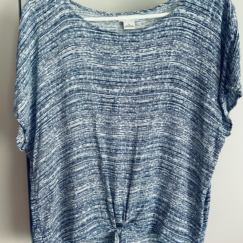 Liz Claiborne Navy and White Striped Tie-Front Short Sleeve Top